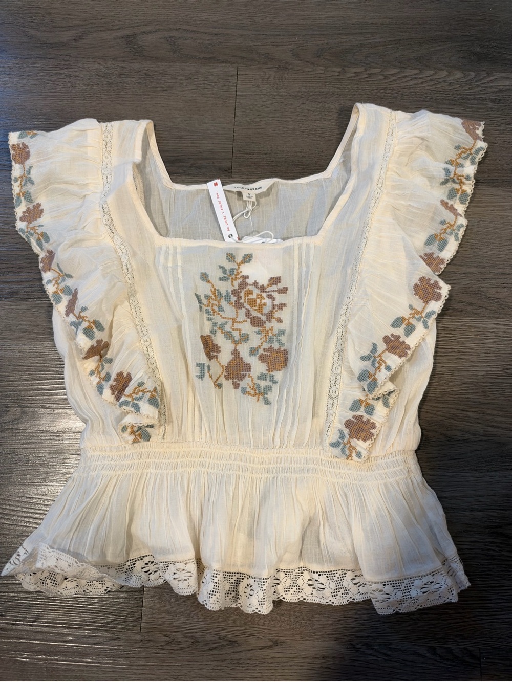 Lucky brand cotton Embroidered Ruffle Peplum Top - Cream